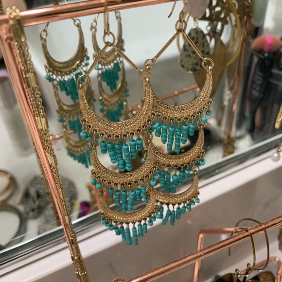 Long gold and turquoise statement earrings. - Picture 2 of 3